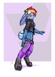Size: 2850x4000 | Tagged: safe, artist:krd, rainbow dash, oc, oc:ayase, oc:krd, rabbit, anthro, plantigrade anthro, g4, bodysuit, boots, bunnified, bunny ears, bunny tail, candy, clothes, ear piercing, female, food, furry, inanimate tf, jacket, latex, latex suit, leather jacket, lollipop, non-mlp oc, piercing, shoes, species swap, transformation, transforming clothes