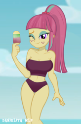 Size: 1024x1557 | Tagged: safe, artist:danielitamlp, sour sweet, human, equestria girls, g4, adorasexy, bikini, breasts, busty sour sweet, clothes, cute, female, food, freckles, legs together, one eye closed, ponytail, popsicle, sexy, smiling, solo, swimsuit, wink