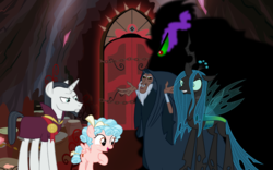 Size: 1024x640 | Tagged: safe, artist:nukarulesthehouse1, artist:parclytaxel, chancellor neighsay, cozy glow, king sombra, lord tirek, queen chrysalis, centaur, changeling, changeling queen, pegasus, pony, unicorn, g4, cloak, clothes, door, female, filly, foal, hilarious in hindsight, legion of doom, male, stallion, villain teamup