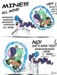 Size: 1500x1966 | Tagged: safe, artist:chopsticks, mean rarity, starlight glimmer, pony, g4, the mean 6, abuse, clone, comic, dialogue, female, funny, glimmerbuse, levitation, magic, mare, running, simple background, telekinesis, text, white background, yelling