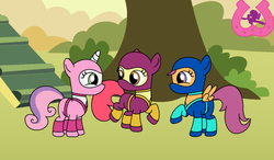 Size: 1024x596 | Tagged: safe, artist:author92, apple bloom, scootaloo, sweetie belle, earth pony, pegasus, pony, unicorn, g4, alternate clothes, clothes, clubhouse, crusaders clubhouse, cutie mark crusaders, kunoichi, mask, ninja