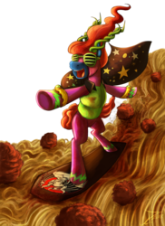 Size: 1091x1500 | Tagged: safe, artist:dwk, artist:jamescorck, oc, oc only, oc:clusterfuck, pony, food, horns, meatball, pasta, shutter shades, simple background, solo, spaghetti, sunglasses, surfing, transparent background