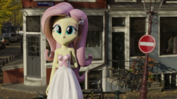 Size: 1920x1080 | Tagged: safe, artist:efk-san, fluttershy, equestria girls, g4, 3d, bicycle, car, clothes, dress, female, lamppost, sign, solo