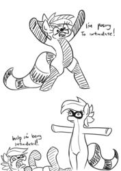 Size: 674x954 | Tagged: safe, artist:jargon scott, oc, oc:bandy cyoot, oc:pandy cyoot, original species, pony, raccoon pony, red panda pony, asserting dominance, black and white, comic, crying, female, grayscale, mare, monochrome, simple background, sketch, t pose, white background