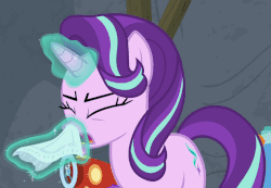 Size: 763x529 | Tagged: safe, screencap, starlight glimmer, pony, unicorn, g4, horse play, season 8, animated, cropped, female, glowing horn, handkerchief, horn, loop, nose blowing, solo