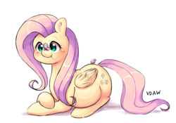 Size: 1435x1004 | Tagged: safe, artist:verydefinitelyawolf, fluttershy, butterfly, pegasus, pony, g4, :t, belly, butterfly on nose, chubby, cute, female, folded wings, insect on nose, looking at something, mare, prone, puffy cheeks, shyabetes, simple background, solo, white background