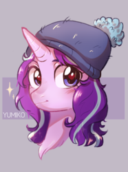 Size: 998x1338 | Tagged: safe, artist:worldlofldreams, starlight glimmer, pony, unicorn, g4, the mean 6, abstract background, beanie, bust, cute, female, glimmerbetes, hat, heart eyes, looking at you, mare, messy mane, portrait, smiling, solo, wingding eyes