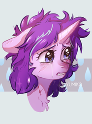 Size: 999x1339 | Tagged: safe, artist:worldlofldreams, starlight glimmer, pony, unicorn, g4, the mean 6, abstract background, bruised, bust, chest fluff, crying, cute, female, floppy ears, glimmerbetes, messy mane, portrait, sad, solo