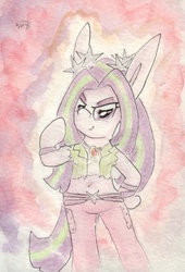 Size: 692x1019 | Tagged: safe, artist:slightlyshade, pony, belly button, bipedal, clothes, long ears, midriff, pants, ponified, short shirt, solo, traditional art
