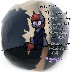 Size: 1259x1282 | Tagged: safe, artist:moemneop, oc, oc only, oc:lukida, bat pony, griffon, pony, dialogue, female, mare, shadow, shaking, simple background, transparent background