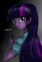 Size: 1377x2039 | Tagged: safe, artist:oberon826, twilight sparkle, equestria girls, g4, clothes, drool, female, looking at you, looking back, looking back at you, pen, solo