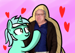 Size: 674x473 | Tagged: safe, artist:artiks, lyra heartstrings, human, unicorn, g4, canon x irl human, cardboard cutout, danny devito, female, heart, hearts and hooves day, shipping, that pony sure does love humans