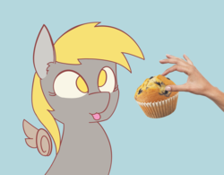 Size: 4000x3112 | Tagged: safe, artist:niteax, derpy hooves, human, g4, :p, cute, feeding, female, floating wings, food, hand, muffin, silly, solo, tongue out