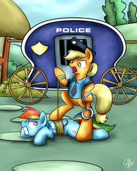 Size: 1024x1280 | Tagged: safe, artist:sugar morning, applejack, rainbow dash, pegasus, pony, g4, tanks for the memories, abuse, angry, arrested, bad end, bipedal, bound wings, cart, cuffs, dashabuse, female, mare, never doubt rainbowdash69's involvement, police, police officer, police uniform, prisoner rd, rope, shackles, tied