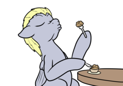 Size: 1000x700 | Tagged: safe, artist:bennimarru, derpy hooves, pegasus, pony, g4, alternate hairstyle, eyes closed, female, floppy ears, food, fork, knife, manechat challenge, mare, muffin, silverware, simple background, smug, solo, transparent background