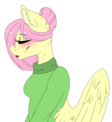 Size: 915x1000 | Tagged: safe, artist:melodytheartpony, fluttershy, pegasus, anthro, g4, clothes, eyes closed, female, hair up, happy, lipstick, simple background, solo, sweater, transparent background