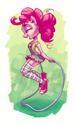 Size: 2594x4315 | Tagged: safe, artist:holivi, pinkie pie, earth pony, anthro, plantigrade anthro, g4, abstract background, clothes, eyes closed, female, happy, jump rope, jumping, mare, open mouth, overalls, shoes, sneakers, solo