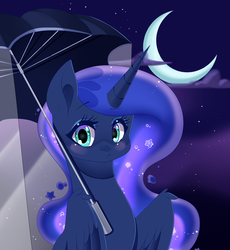 Size: 1062x1152 | Tagged: safe, artist:clefficia, princess luna, alicorn, pony, g4, blush sticker, blushing, crescent moon, female, looking at you, mare, moon, solo, wing hold