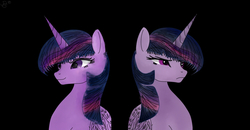 Size: 1368x712 | Tagged: safe, artist:patrykoe, mean twilight sparkle, twilight sparkle, alicorn, pony, g4, my little pony: friendship is magic, the mean 6, black background, clone, female, mare, simple background, twilight sparkle (alicorn)