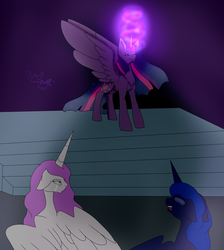 Size: 1024x1142 | Tagged: safe, artist:zarinaroseyt, princess celestia, princess luna, twilight sparkle, alicorn, pony, unicorn, g4, crying, eyes closed, female, mare, open mouth, twilight sparkle (alicorn)