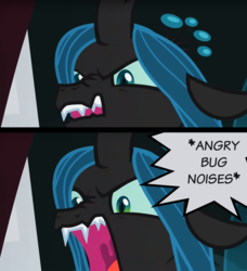 Size: 1282x1407 | Tagged: safe, edit, edited screencap, screencap, queen chrysalis, changeling, changeling queen, g4, the mean 6, angry, angry dog noises, angry horse noises, comic, cute, descriptive noise, female, madorable, mawshot, meme, open mouth, photo, scrunchy face, solo, uvula