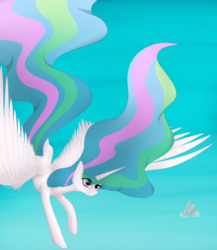 Size: 2000x2300 | Tagged: safe, artist:keisaa, princess celestia, alicorn, pony, g4, female, flying, high res, mare, missing accessory, sky, smiling, solo, spread wings, wings