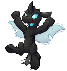 Size: 2152x2280 | Tagged: safe, artist:moemneop, changeling, blue tongue, cheering, chest fluff, fluffy changeling, happy, high res, open mouth, simple background, solo, transparent background