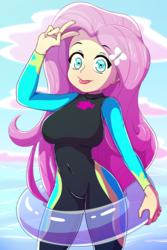 Size: 2000x3000 | Tagged: safe, artist:rockset, fluttershy, equestria girls, equestria girls series, forgotten friendship, g4, breasts, busty fluttershy, female, high res, inner tube, looking at you, smiling, solo, tongue out, water, wetsuit