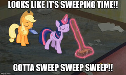 Size: 728x437 | Tagged: safe, edit, edited screencap, screencap, applejack, twilight sparkle, alicorn, pony, g4, the saddle row review, baldi's basics in education and learning, broom, dialogue, dustpan, gotta sweep, image macro, meme, mouth hold, sweeping, sweepsweepsweep, twilight sparkle (alicorn), twilight sweeple