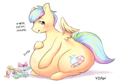 Size: 1800x1200 | Tagged: safe, alternate version, artist:verydefinitelyawolf, oc, oc:flavorful sweets, pegasus, pony, belly, big belly, butt, candy, candy cane, commission, fat, fat fetish, feeding, fetish, food, huge belly, huge butt, large butt, male, morbidly obese, obese, plot, stallion, stuffed, stuffing, the ass was fat