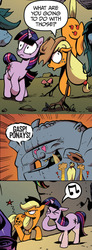 Size: 828x2256 | Tagged: safe, artist:andy price, idw, official comic, applejack, cave troll jim, twilight sparkle, cave troll, earth pony, pony, unicorn, g4, the return of queen chrysalis, spoiler:comic, spoiler:comic02, advertisement, comic, falling, female, heart eyes, idw advertisement, literal butthurt, male, mare, pain, pain star, this is going to hurt, tongue out, unicorn twilight, wingding eyes
