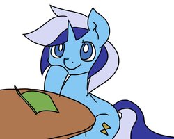 Size: 1000x800 | Tagged: safe, artist:colgate0303, minuette, pony, unicorn, g4, book, cute, female, hoof on cheek, mare, reading, simple background, smiling, solo, table