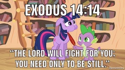 Size: 1920x1080 | Tagged: safe, edit, edited screencap, screencap, spike, twilight sparkle, g4, it's about time, bible, bible verse, christianity, exodus, image macro, meme, religion, tickling