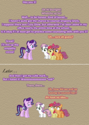 Size: 504x712 | Tagged: safe, artist:verve, apple bloom, scootaloo, starlight glimmer, sweetie belle, earth pony, pegasus, pony, unicorn, g4, marks for effort, ask, comic, crying, cutie mark crusaders, female, filly, mare, pixel art, tumblr