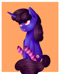 Size: 968x1200 | Tagged: safe, artist:queenwildfire, oc, oc only, oc:maquette, pony, unicorn, :p, clothes, curly hair, cute, red eyes, request, requested art, silly, simple background, sitting, socks, solo, striped socks, tongue out