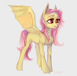 Size: 2082x2076 | Tagged: safe, artist:utauyan, fluttershy, bat pony, pony, g4, fangs, female, flutterbat, high res, mare, race swap, simple background, solo, white background