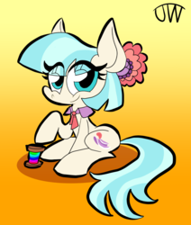 Size: 804x947 | Tagged: safe, artist:joeywaggoner, coco pommel, earth pony, pony, g4, eye clipping through hair, female, gradient background, mare, raised hoof, signature, sitting, smiling, solo, thread