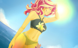 Size: 3840x2400 | Tagged: safe, artist:lilapudelpony, sunset shimmer, equestria girls, equestria girls specials, g4, my little pony equestria girls: better together, my little pony equestria girls: forgotten friendship, beach, belly button, bikini, clothes, female, high res, sarong, solo, sun, swimsuit, water