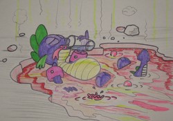 Size: 1204x844 | Tagged: safe, artist:hillbe, spike, dragon, g4, baby, baby dragon, drink, drinking, eyes closed, lava, lava pool, male, open mouth, solo, tongue out, traditional art, water wings