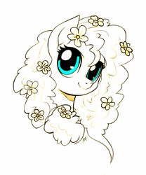 Size: 900x1080 | Tagged: safe, artist:zetamad, pear butter, earth pony, pony, g4, bust, colored eyes, female, flower, flower in hair, looking at you, mare, portrait, smiling, solo, stray strand, three quarter view
