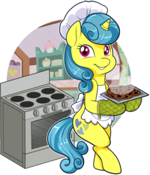 Size: 1470x1717 | Tagged: safe, artist:xwhitedreamsx, lemon hearts, pony, unicorn, g4, apron, baking, bipedal, clothes, cookie, cute, female, food, mare, oven, oven mitts, simple background, smiling, solo, transparent background