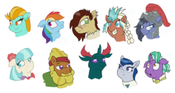 Size: 2250x1200 | Tagged: safe, artist:swasfews, cattail, coco pommel, cocoa axe, ever essence, firelight, lightning dust, nimbus dash, pharynx, rainbow dash, steela oresdotter, changedling, changeling, earth pony, pegasus, pony, g4, my little pony: legends of magic, bust, female, guardsmare, male, mare, mighty helm, prince pharynx, royal guard, simple background, stallion, transparent background