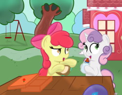 Size: 1633x1280 | Tagged: safe, artist:zalakir, apple bloom, sweetie belle, earth pony, pony, unicorn, g4, baby bottle, bag, bow, cute, duo, female, food, hair bow, mare, open mouth, sandwich, school, swing, table, tree