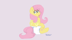 Size: 1920x1080 | Tagged: safe, artist:poniesauce, fluttershy, pegasus, pony, g4, caught, cute, diaper, female, looking at you, looking back, mare, non-baby in diaper, open mouth, shyabetes, simple background, sitting, solo