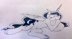 Size: 1618x890 | Tagged: safe, artist:omegapex, princess luna, alicorn, pony, g4, eyes closed, female, hug, lying down, mare, pillow, pillow hug, sleeping, solo, traditional art