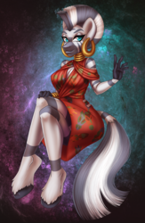 Size: 825x1262 | Tagged: safe, artist:bumblebun, zecora, zebra, anthro, unguligrade anthro, g4, clothes, commission, crossed legs, digital art, dress, ear piercing, earring, female, jewelry, looking at you, piercing, solo, ych result