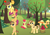 Size: 6771x4715 | Tagged: safe, artist:velveagicsentryyt, apple bloom, applejack, oc, oc:apple dance, oc:apple flower, oc:apple pie, oc:apple seed, earth pony, pony, g4, absurd resolution, apple orchard, apple tree, applebucking, base used, female, filly, hatless, mare, missing accessory, offspring, older, parent:apple bloom, parent:applejack, parent:caramel, parent:tender taps, parents:carajack, parents:tenderbloom, tree