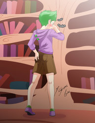 Size: 1024x1325 | Tagged: safe, artist:shinta-girl, spike, human, g4, abuse, clothes, corner, crying, golden oaks library, grounded, human spike, humanized, implied spanking, male, sobbing, solo, spikeabuse