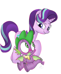 Size: 1000x1214 | Tagged: safe, artist:emositecc, spike, starlight glimmer, dragon, pony, unicorn, g4, blushing, eye contact, female, looking at each other, male, mare, ship:sparlight, shipping, simple background, straight, transparent background, winged spike, wings