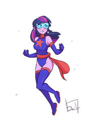 Size: 2059x2912 | Tagged: safe, artist:jurill, sci-twi, twilight sparkle, human, equestria girls, g4, boots, clothes, costume, cute, female, goggles, high res, magic gaia, shoes, signature, simple background, smiling, solo, superhero, thigh boots, twiabetes, visor, white background